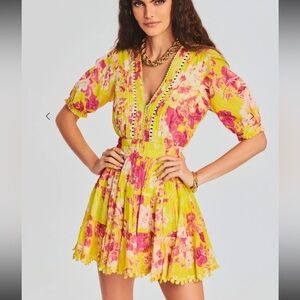 Hemant & Nandita Floral Embroidered V Neck Auril Short Dress Women’s Sz XS